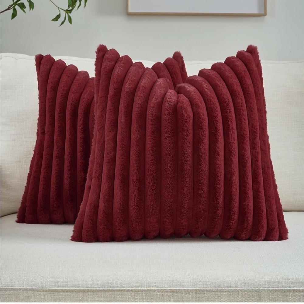 Burgundy Throw Pillow Covers Set Of 2, 26x26  Soft Faux Rabbit Fur 853-lb2